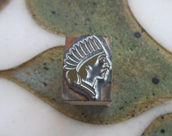 Letterpress Printing Block Native American Indian Chief with Headdress Vintage
