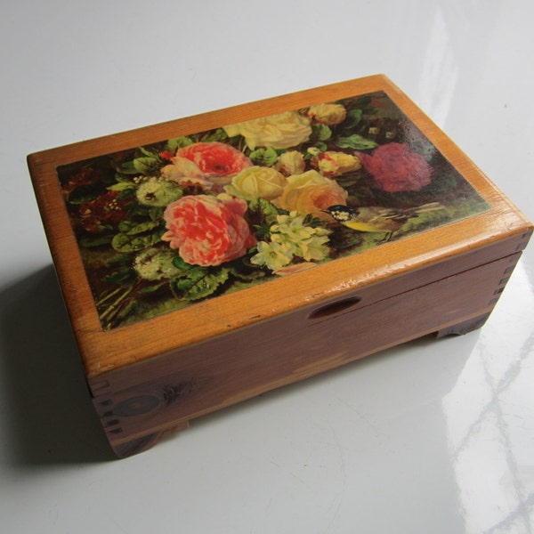 Vintage Roses and Bird Wood Decoupage Jewelry or Trinket Box