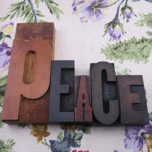 May include: Wooden letterpress blocks spelling the word "PEACE". The letters are in various shades of brown, black, and red. The background is a floral fabric with green, purple, and pink flowers.