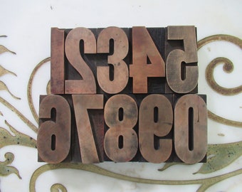 Antieke Letterpress Wood Type Printers Block Number Set 1 tot en met 0 met een dollarteken