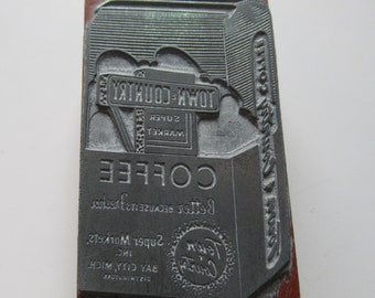 Town & Country Coffee Bag Vintage Letterpress Printing Block Bay City Michigan