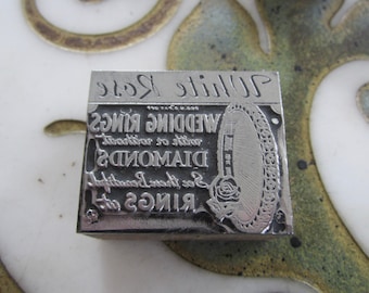 White Rose Wedding Rings Antique Letterpress Printing Block Diamond Engagement