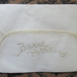 Hand Embroidered Baked Potatoes Linen Cover Satin Stitch