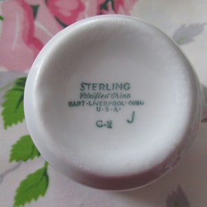 May include: A white ceramic mug, seen from below, with a handle. The base is marked with green text: "STERLING Vitrified China EAST - Liverpool, OHIO U.S.A." The mug's design is simple and classic, suitable for everyday use.