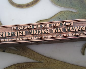 World's Fair Special Used Cars Antique Letterpress Printing Block