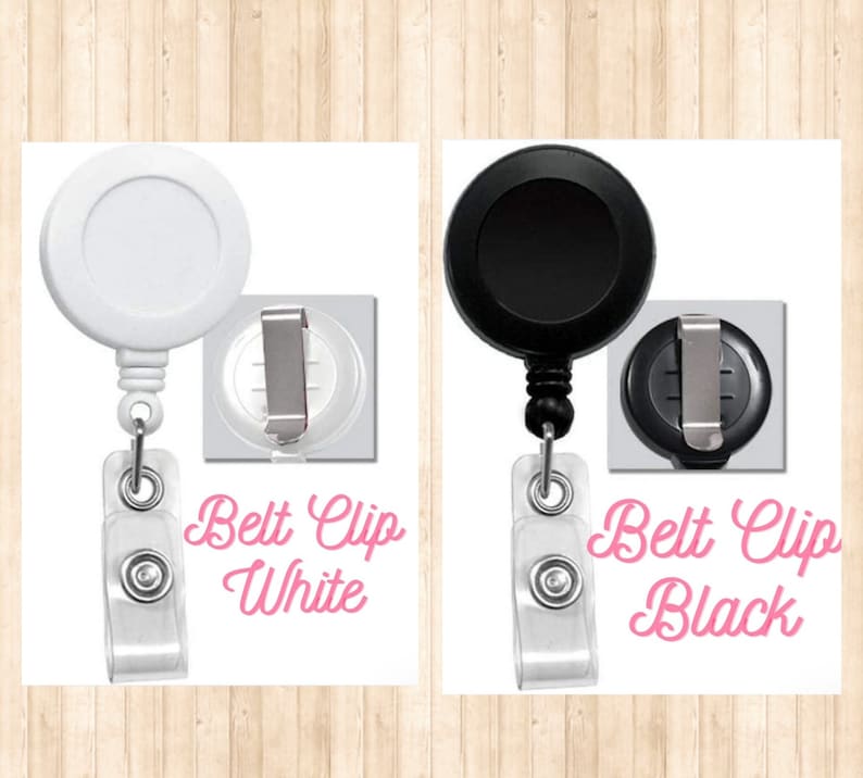 May include: Two retractable badge reels, one white and one black, with a clear plastic strap and a belt clip. The text "Belt Clip White" is below the white reel and "Belt Clip Black" is below the black reel.