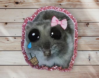Crying Hamster WITH Iced Coffee Funny Retractable Badge Reel Work ID