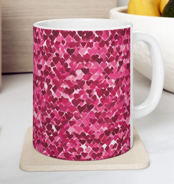 Heart Mug, Pink Hearts, Pink Love Mug, Gifts for Her, Mother's Day Gift, Mug for Heart Lover, Coffee Mug, Ceramic Mug 11 oz