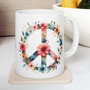 Peace, Floral Peace Sign, Coffee Mug with flower design, pretty sweet coffee mug and feeling cozy