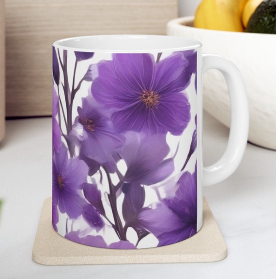 Purple Flower Mug, Pretty Mug, Floral Mug, Mother's Day, Gifts for Her, Gifts for Flower Lover, Coffee Mug, Ceramic Mug, 11oz