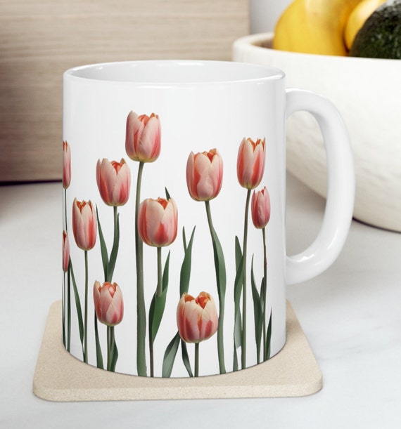 Mug, Tulip Mug, Gift for Her, Pink Tulips, Flowers, Flower Mug, Coffee Mug, Hot Chocolate, Ceramic Mug, 11oz