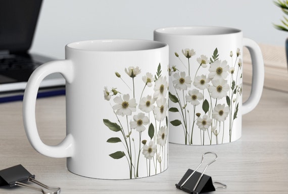 Floral Mug, Flower Mug, Gifts for Her, Mother's Day, Flower Lover Gift, Black and White Flowers, Pretty Mug