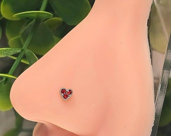 Be My Valentine Red Heart Nose Stud, 316L Surgical Steel 20G