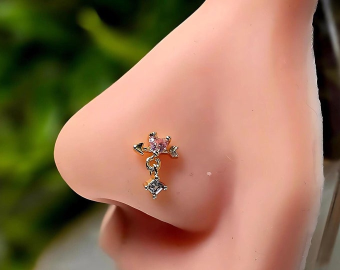 Cupid's Arrow Nose Stud, Dangle Heart, Tarnish-free, Surgical Steel 20G