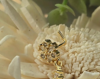 Gold Marquise Bloom Dangle Nose Stud, CZ Surgical Steel L-Shape 20G