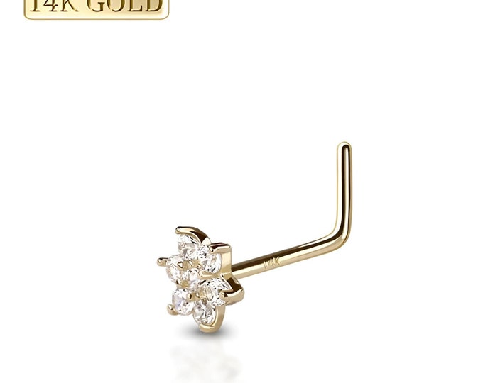14K Solid Gold Spring Flower Nose Stud, Zircon L-Bend Nose Jewelry