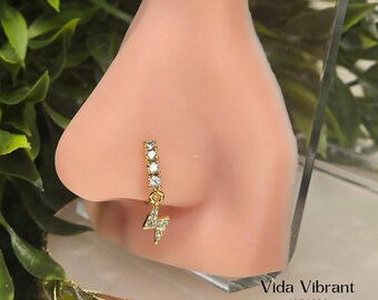 Lightning Bolt Dangle Nose Ring, 18K Gold Plated Surgical Steel Hoop