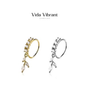 Marquise Triple Leaf Dangle Nose Hoop. 316L Surgical Steel. 20G. Clear Stone Accents. Available in Gold or Silver. Tarnish-Free. Waterproof.