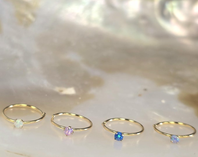 Opal Nose Hoop, 18k Gold Plated, 925 Silver, Dainty Cartilage Ring, Handmade