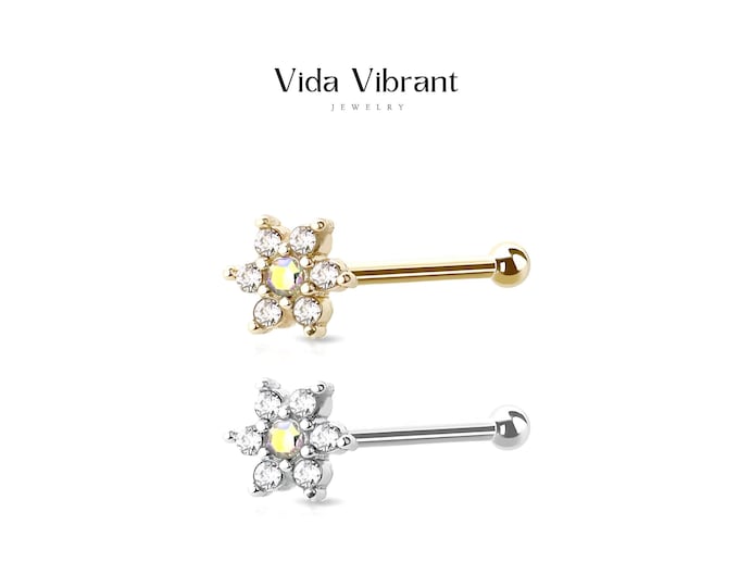 CZ Floral Nose Stud, 316L Surgical Steel, 20G Flower Nose Bone