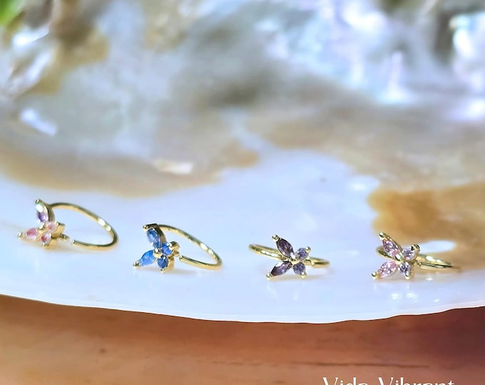 Vibrant Butterfly Nose Hoop. Pink, Purple, Blue Stone Accents. 316L Surgical Steel. 18k Gold-Plated. 20G. Minimalist Nose Ring.