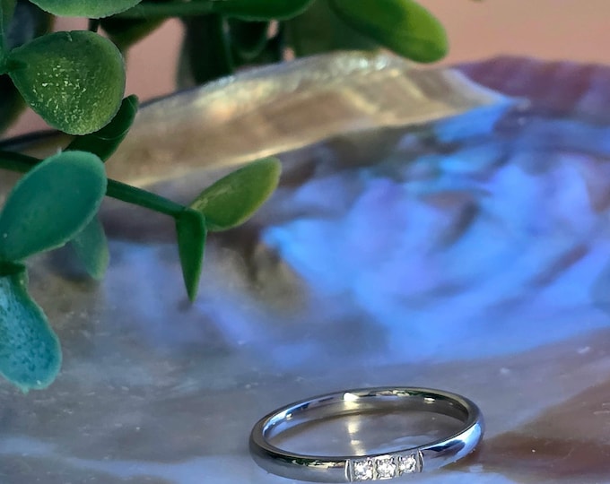 Trio CZ Band Ring • Stainless Steel Silver  • Waterproof Tarnish Resistant • Minimal Three Stone Band