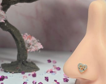 Sweetheart Bow Heart Nose Stud • Surgical Steel L-Bend Nose Ring •  Valentine’s Jewelry Gift