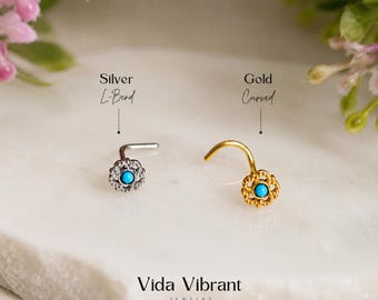 Mykonos Nose Stud | Turquoise Flower | Gold Curved or Silver L-Bend Nose Piercing