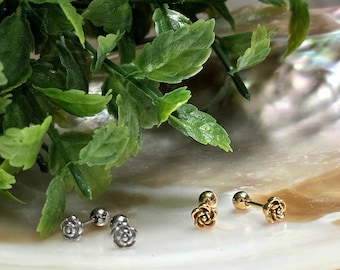 Rosa-mia Rose Ball Back Earrings. Stainless Steel Cartilage Tragus Studs. Minimal Floral.