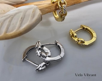 Link Hoop Earrings, Gold Plated Sterling Silver, Hypoallergenic Modern Huggie Style