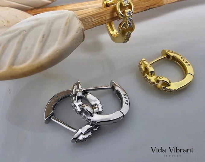 Link Hoop Earrings, Gold Plated Sterling Silver, Hypoallergenic Modern Huggie Style
