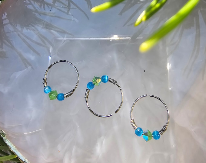 Aqua Swarovski Crystal Nose Hoop, 925 Sterling Silver Beaded Boho Nose Ring