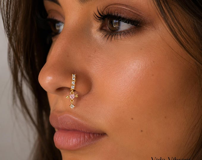 Cupid's Arrow Dangle Nose Ring | Pink Heart Gold Hoop | CZ Piercing Jewelry | 20G