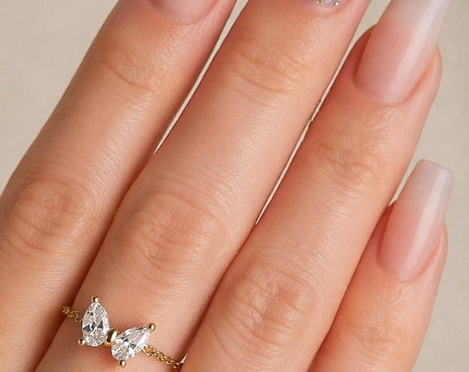 Flutter Wing Butterfly Chain Ring • Clear CZ, 18K Gold Plated Sterling Silver • Adjustable Ring