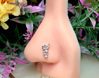 Triple Gem Butterfly Nose Stud: 20G Surgical Steel L-Bend Piercing