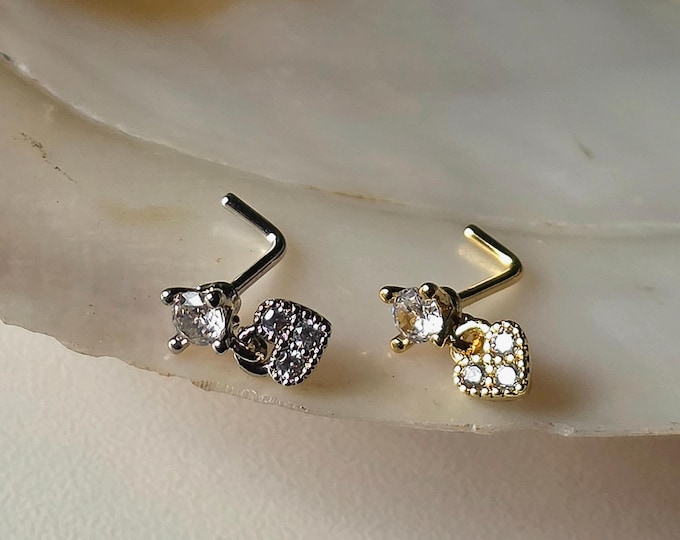 Dainty Heart Dangle Nose Stud •  Surgical Steel Nose Pin •  Minimal Valentine Jewelry