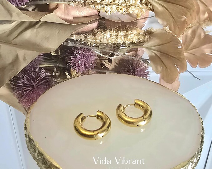 Viva Gold Hoops. 18k Gold Plated Stainless Steel Earrings.Tarnish-Free. 5mm Thick. 20mm Diameter.