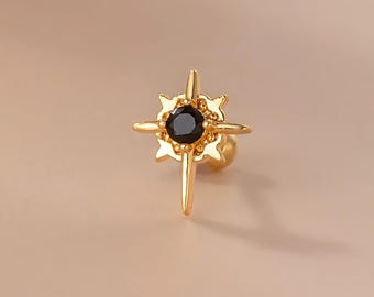Eclipse Star Catilage Earring. 316L Stainless Steel. Black Stone Accent. Earrings. Ball/Screw Back. Moon & Star Collection. Bold and Chic.