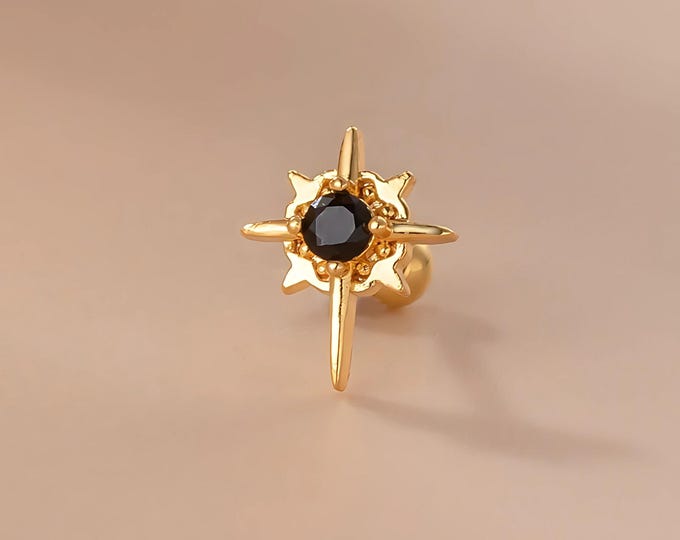 Eclipse Star Cartilage Earring, Black Stone Accent, 316L Stainless Steel , Tarnish-free