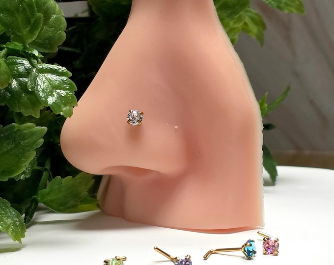 Viva Pop Solitaire Nose Stud. 3.5mm L Bend Nose Pin. Gold Stainless Steel.