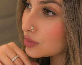 Floral Fling Nose Pin | Stainless Steel L-Shaped Romantic Single Stone Dangle. Elegant Flower Nose Stud. Bridal Nose Jewelry.