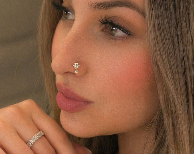 Floral Fling Nose Pin | Stainless Steel L-Shaped Romantic Single Stone Dangle. Elegant Flower Nose Stud. Bridal Nose Jewelry.