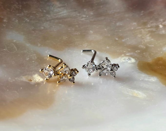 Small Butterfly Dangle Nose Stud • Surgical Steel •  Cubic Zirconia
