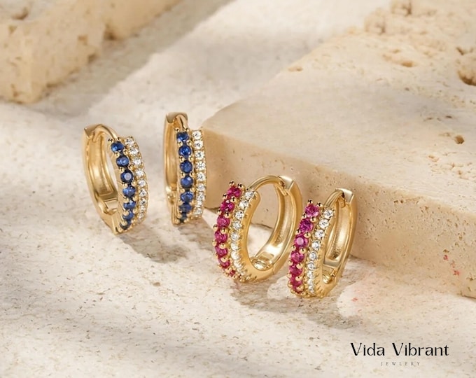 Ruby Red & Sapphire Blue Hoop Earrings, 18k Gold Plated Sterling Silver