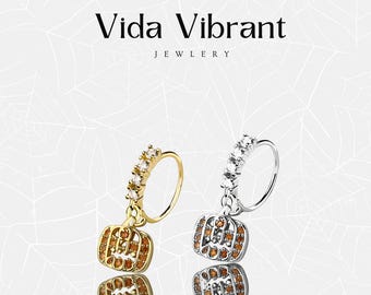 Pumpkin Dangle Nose Ring, Orange CZ Stainless Steel Hoop (20G)