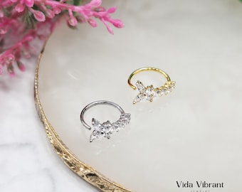 Triple Gem Butterfly Nose Hoop | Gold or Silver Butterfly Nose Ring | 20G CZ Nostril Jewelry
