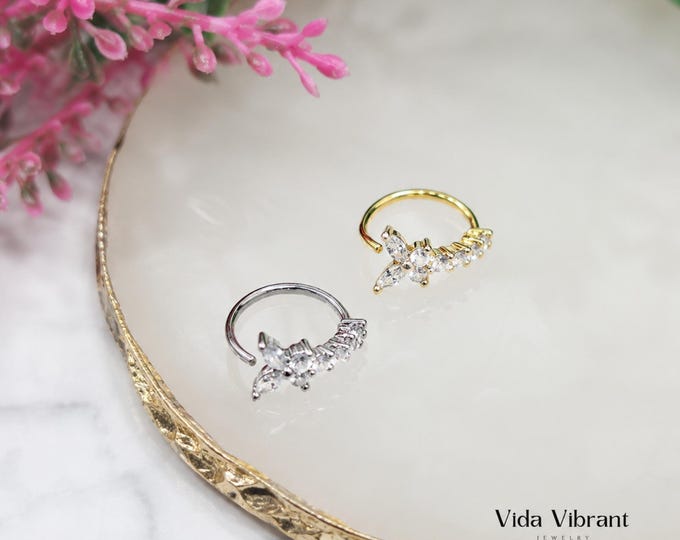 Triple Gem Butterfly Nose Hoop | Gold or Silver Butterfly Nose Ring | 20G CZ Nostril Jewelry