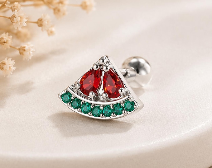 Solidarity Watermelon Earring. 925 Sterling Silver. Cartilage, Helix, Tragus Piercing.