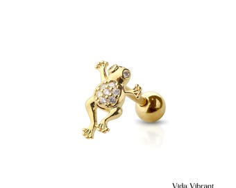 Golden Tree Frog Cartilage Earring. 316L Surgical Steel. Nature-Inspired Helix/Tragus Stud. Animal Jewelry. Screw Back Piercing.