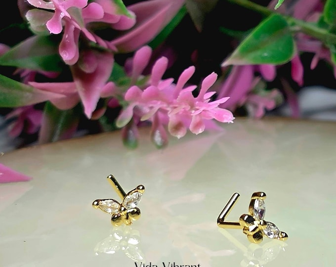 Mariposa L Bend Nose Stud | Gold Butterfly Nose Ring | 20G CZ Piercing Jewelry